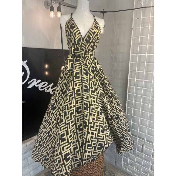 Vacation Dress Gold Black Geometric Print Sleeveless Party Maxi Dress Size 2X - Picture 7 of 10